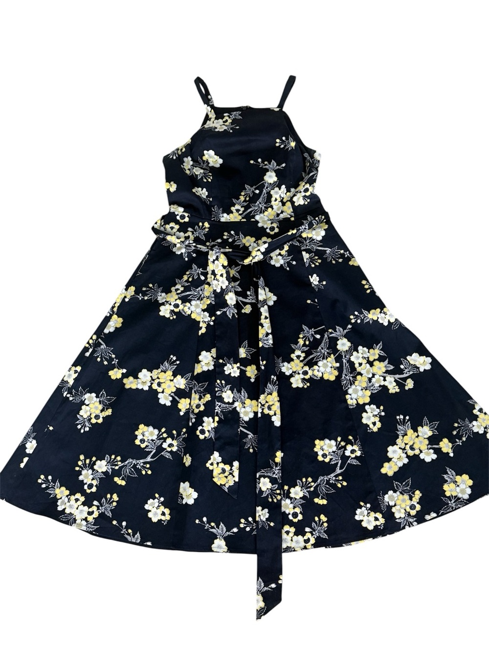 RACHEL Rachel Roy Navy Floral Midi Dress. Belt and Pockets. Stretchy. Size 4 - Picture 3 of 7